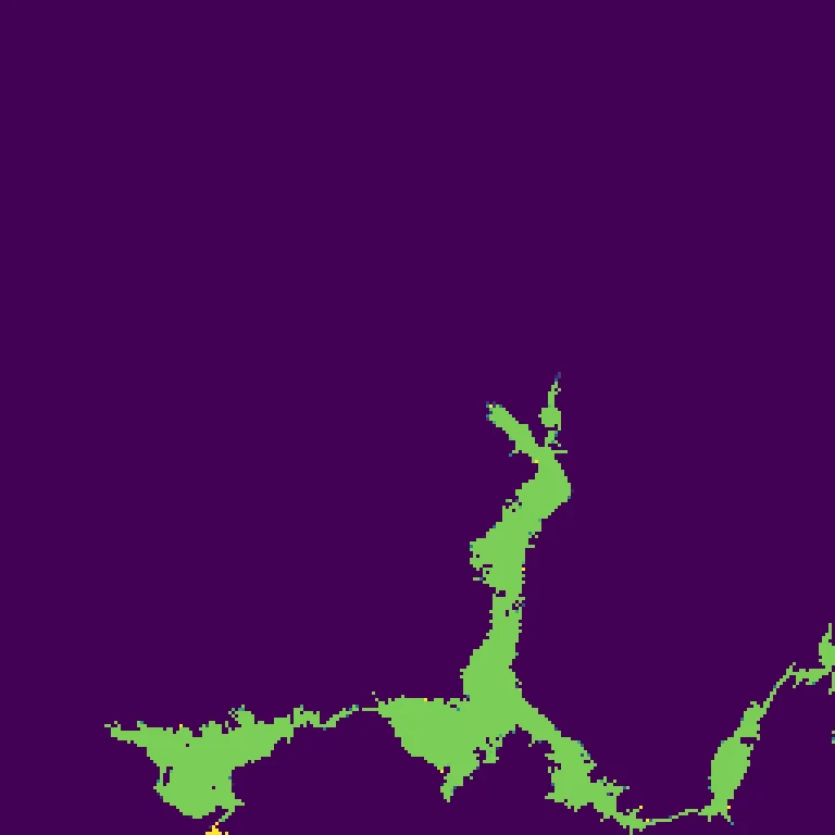 The same frame with the entire Lake Mead basin appearing at once in green, including the arm reaching north and the basins to east and west