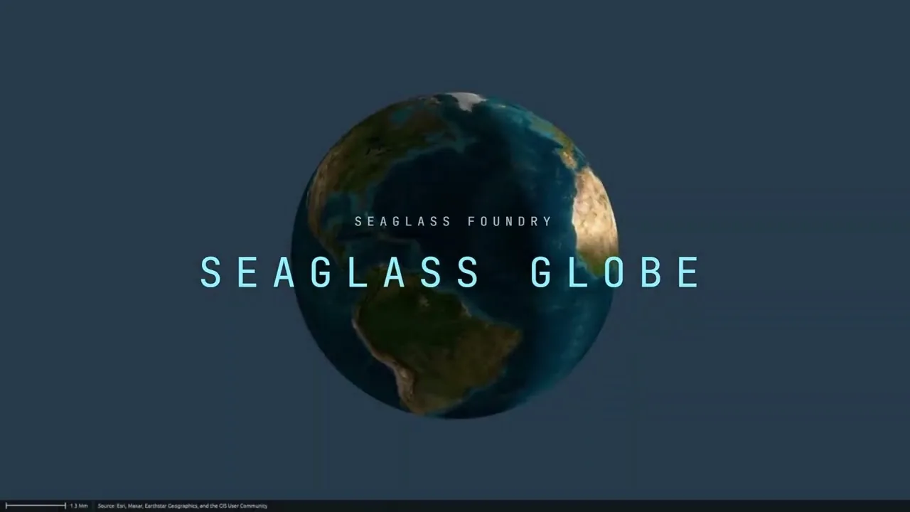 Title card of the Seaglass Globe release film: the Earth over the Atlantic on a dark navy field, with SEAGLASS FOUNDRY above and SEAGLASS GLOBE in letter-spaced cyan type across it